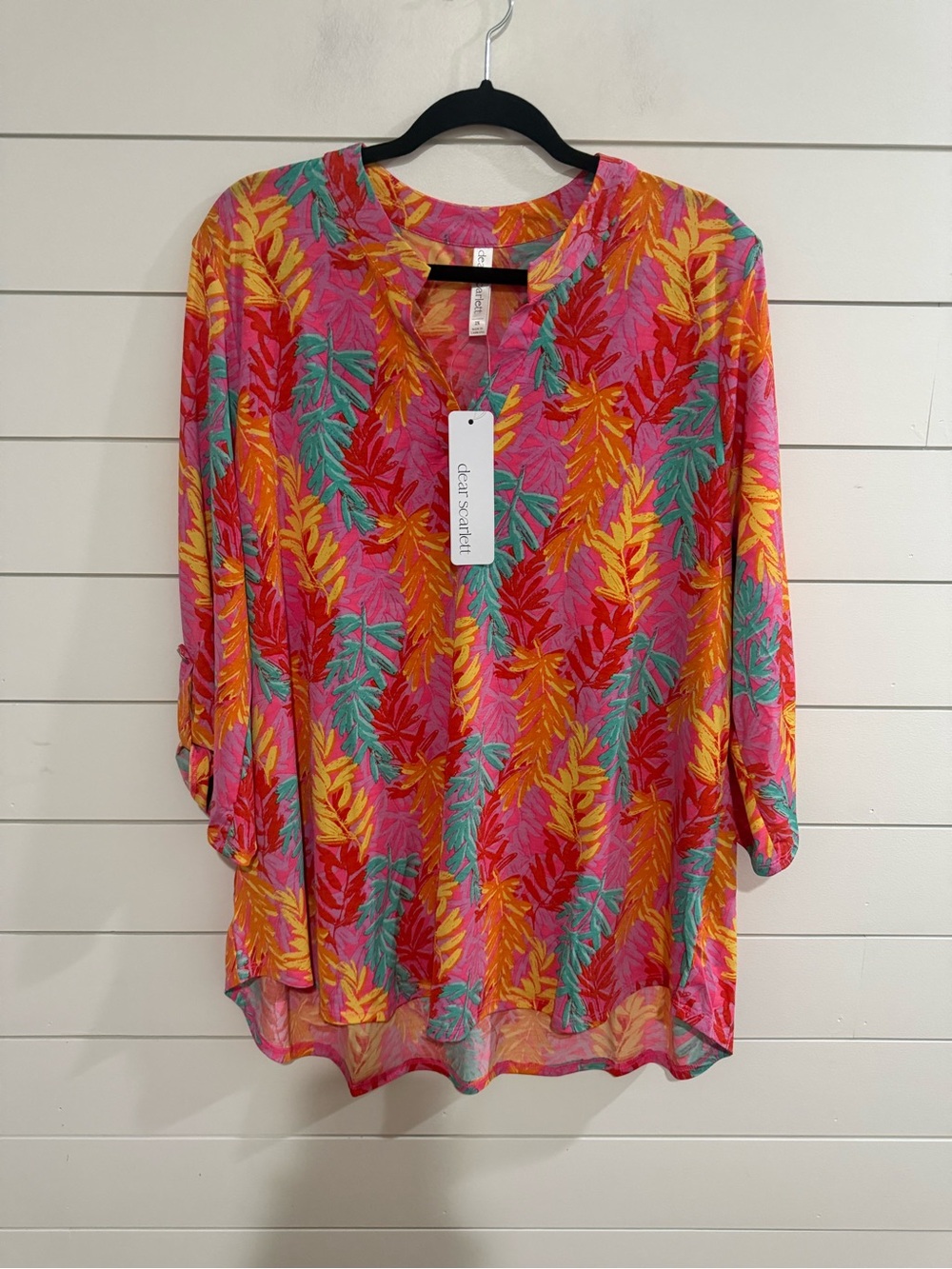 Dear Scarlett Pink Tropical Leaf Tunic with Teal & Yellow Accents